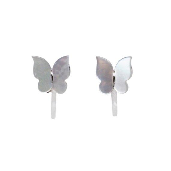 Mother Of Pearl Butterfly Invisible Clip On Stud Earrings (Silver tone) - Miyabi Grace