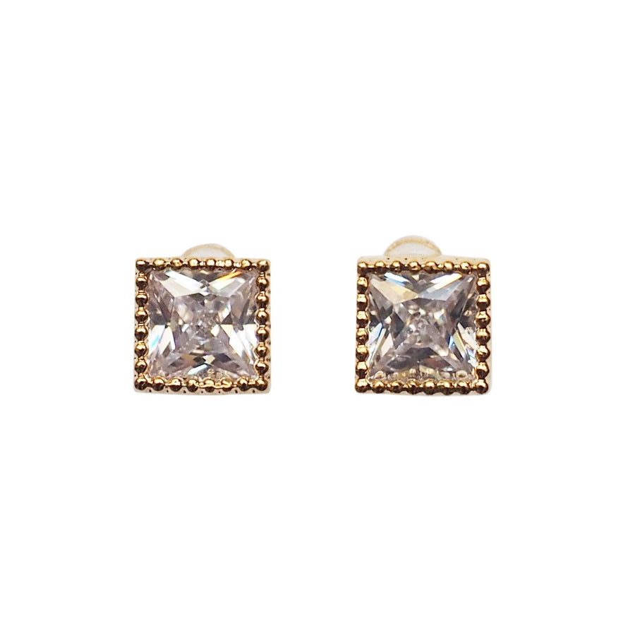 Square Cubic Zirconia Crystal Invisible Clip On Stud Earrings ( Gold tone ) - Miyabi Grace