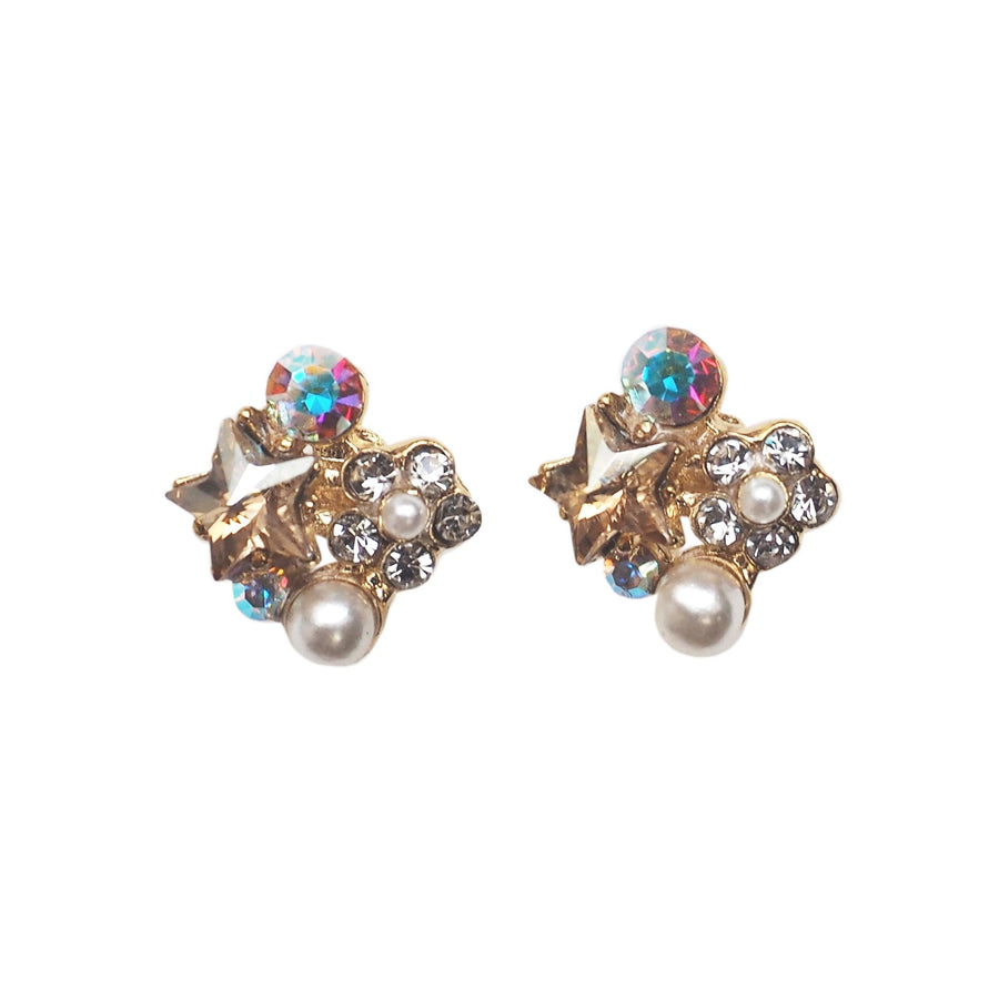 Star Swarovski Crystal Rhinestone & White Pearl Invisible Clip on Stud Earrings ( Light orange ) - Miyabi Grace