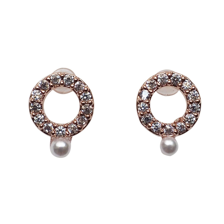 Cubic Zirconia Crystal Pave Hoop with White Pearl Invisible Clip On Stud Earrings ( Rose gold tone ) - Miyabi Grace