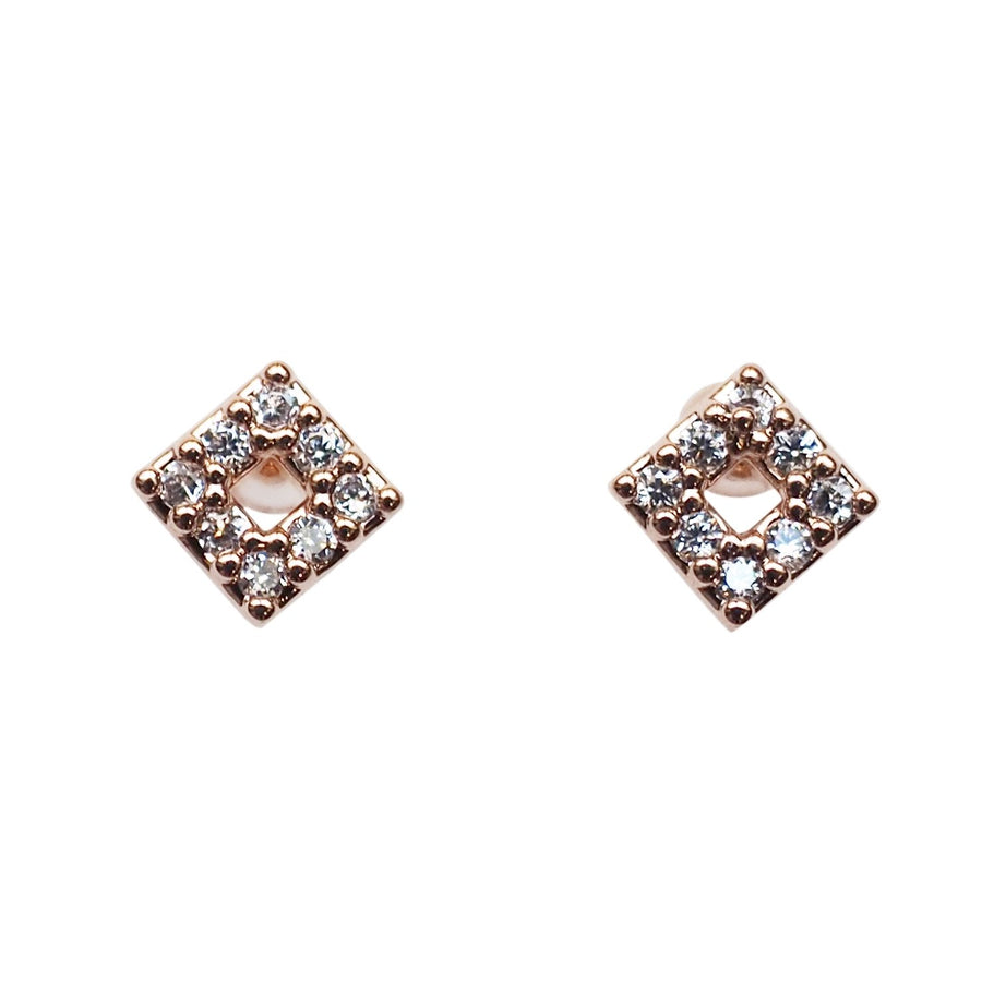 Square Cubic Zirconia Crystal Pave Invisible Clip On Stud Earrings ( Rose gold tone ) - Miyabi Grace