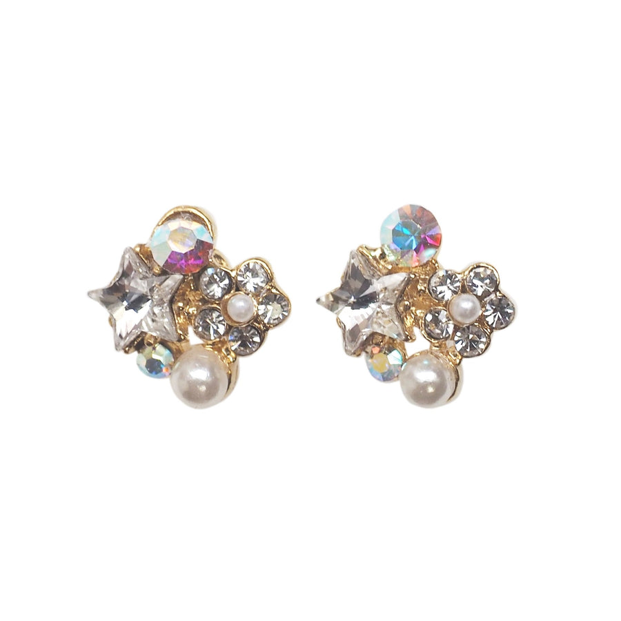 Star Swarovski Crystal Rhinestone & White Pearl Invisible Clip on Stud Earrings ( Clear ) - Miyabi Grace