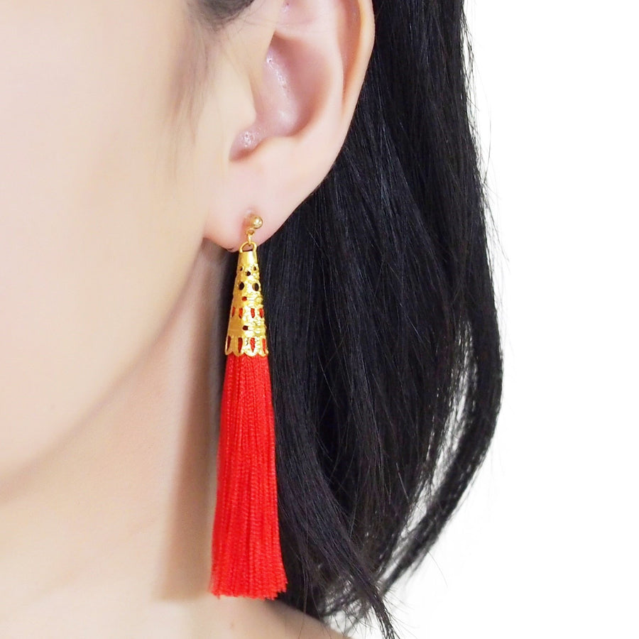 Long Red Tassel Invisible Clip On Earrings - miyabigracejewelry.com