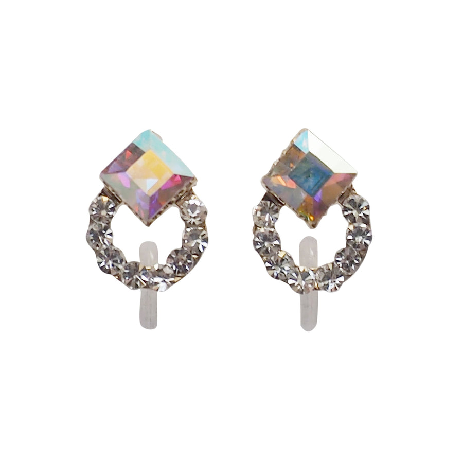 Aurora Borealis Swarovski Hoop Rhinestone Invisible Clip On Stud Earrings - miyabigracejewelry.com