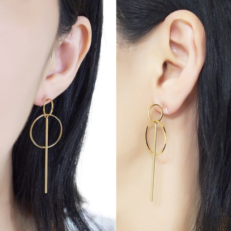 Double hoop with bar invisible clip on stud earrings ( Gold tone ) - miyabigracejewelry.com