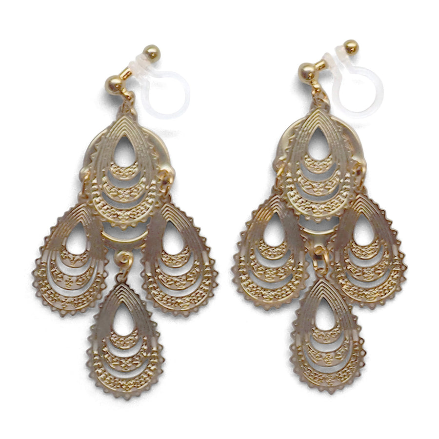 Dangle gold filigree invisible clip on earrings - miyabigracejewelry.com