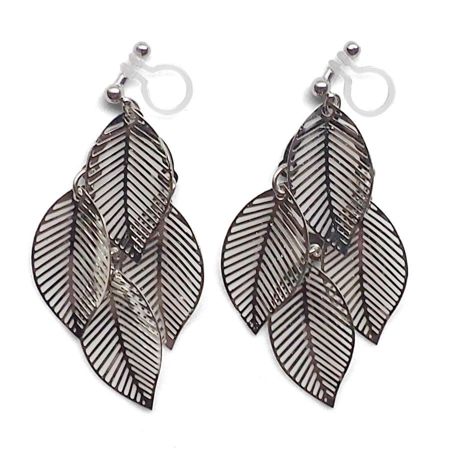 Silver four leaf filigree invisible clip on earrings - miyabigracejewelry.com