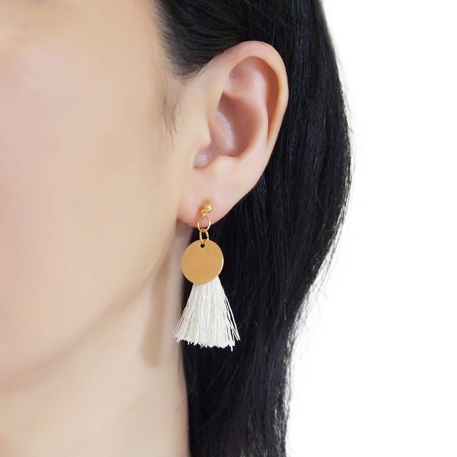 White Tassel with Gold Coin Invisible Clip On Earrings - miyabigracejewelry.com