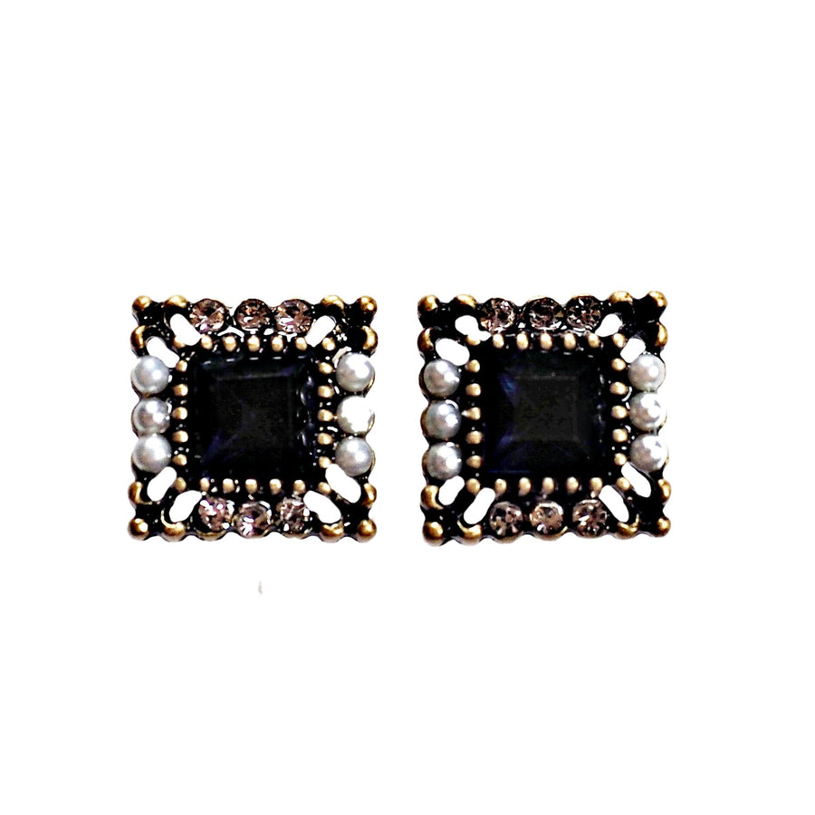 Square Navy Blue Crystal Rhinestone Vinage Style Pearl Invisible Clip On Earrings