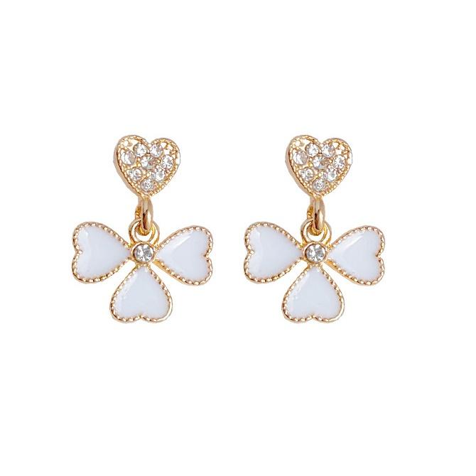 Dangle White Clover Four Leaf Crystal Rhinestone Invisible Clip On Earrings