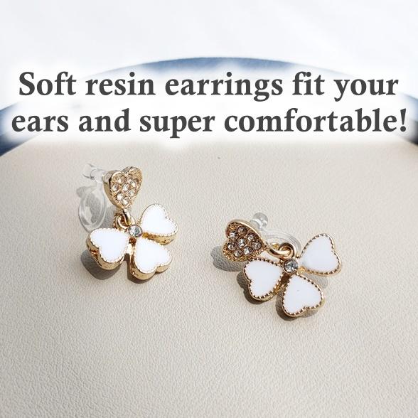 Dangle White Clover Four Leaf Crystal Rhinestone Invisible Clip On Earrings
