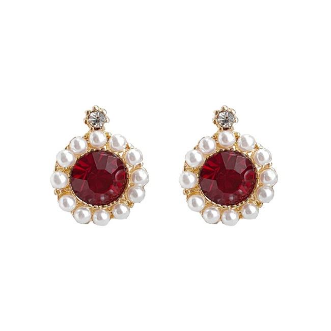 White Pearl Red Crystal Rhinestone Round Invisible Clip On Earrings