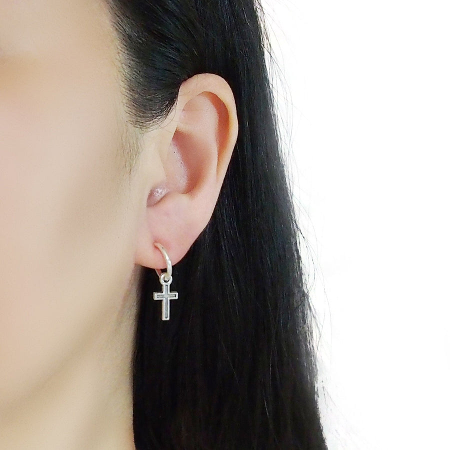 Dangle Silver Unisex Small Cross Hoop Invisible Clip On Stud Earrings