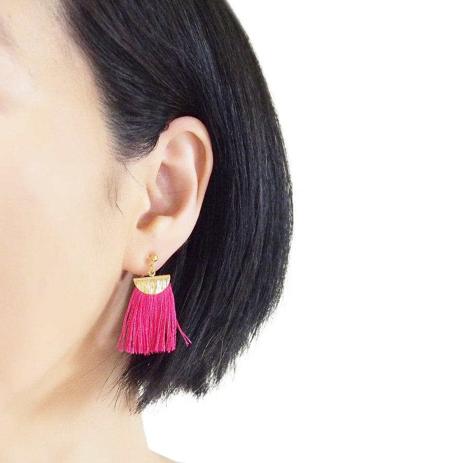 Fuchsia Pink flat tassel invisible clip on earrings - miyabigracejewelry.com