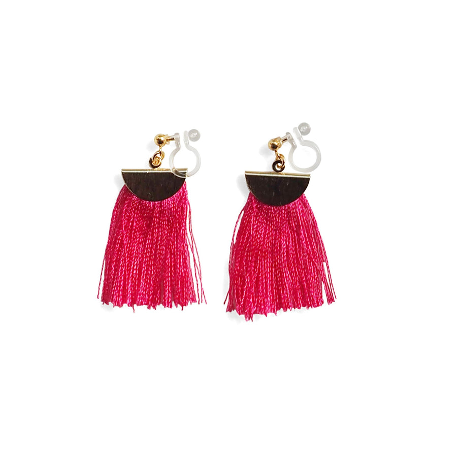 Fuchsia Pink flat tassel invisible clip on earrings - miyabigracejewelry.com