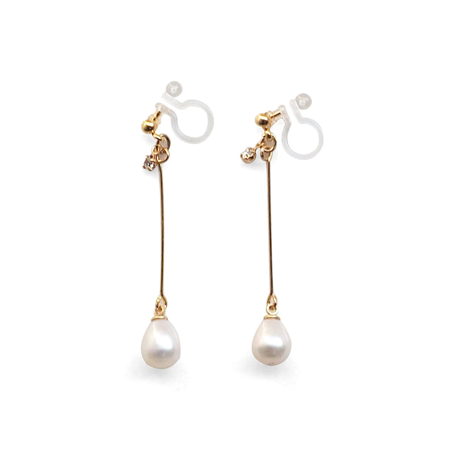 White Teardrop Freshwater Pearl Invisible Clip On Earrings (Gold tone) - miyabigracejewelry.com