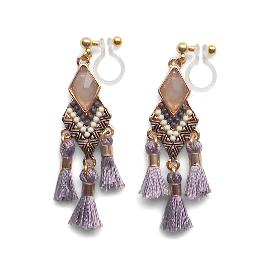 Dangle gold ethnic gray rhinestone and tassel invisible clip on earrings - miyabigracejewelry.com