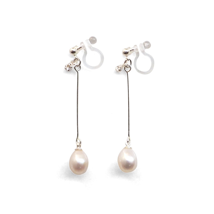 White Teardrop Freshwater Pearl Invisible Clip On Earrings (Silver tone) - miyabigracejewelry.com