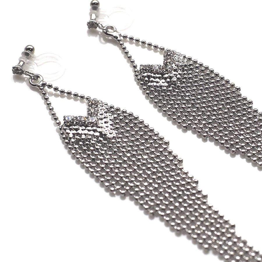 Dangle rhinestone and silver ball chain invisible clip on earrings - Miyabi Grace