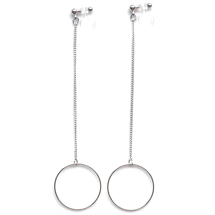 Dangle long silver hoop invisible clip on earrings - Miyabi Grace