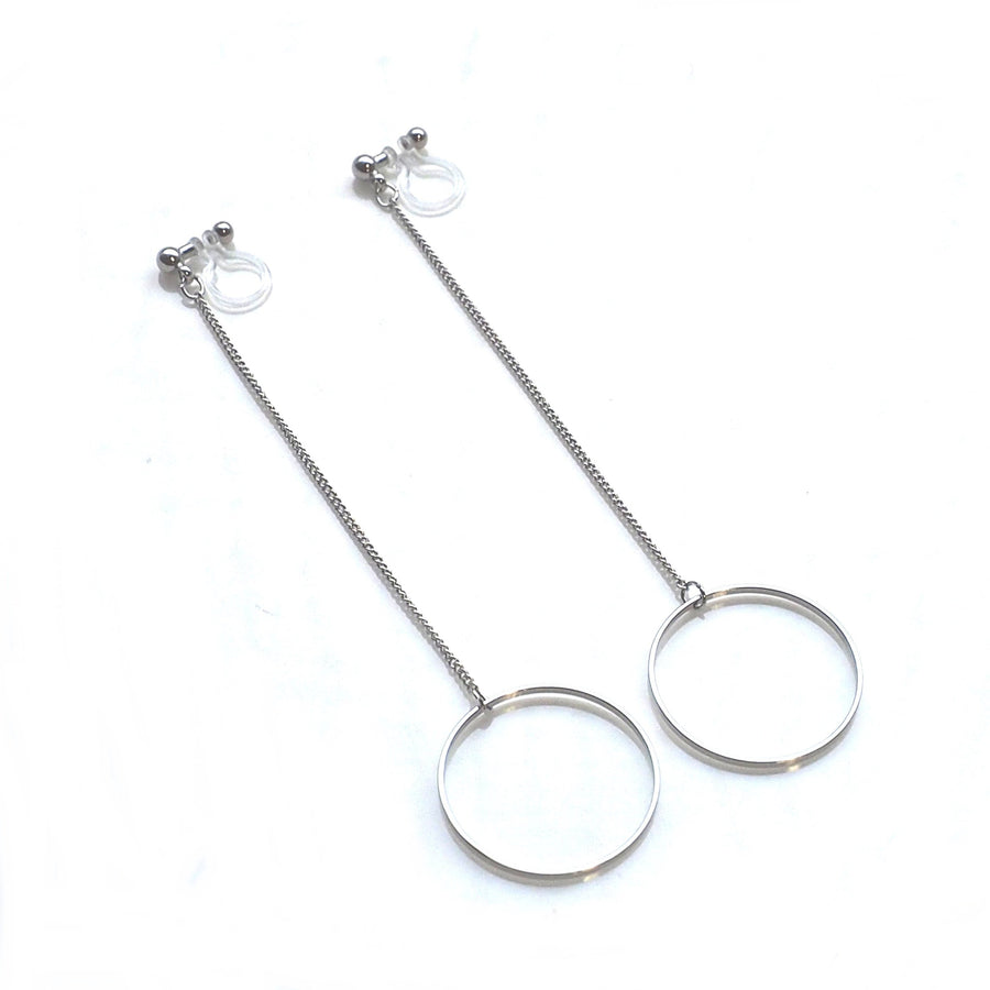 Dangle long silver hoop invisible clip on earrings - Miyabi Grace