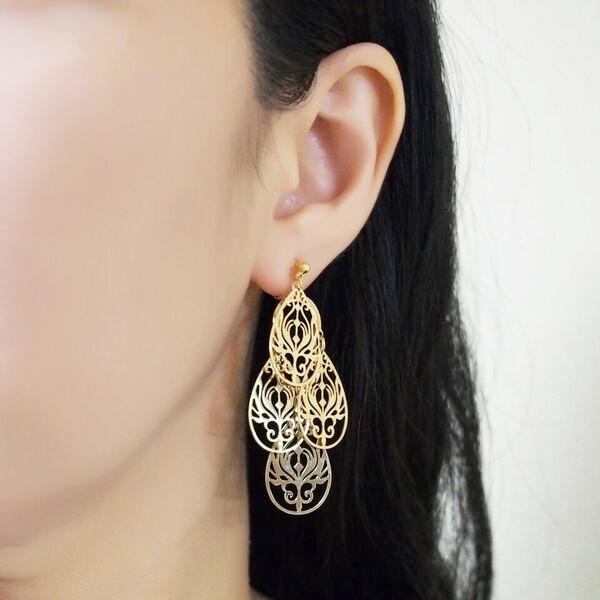 Dangle gold filigree invisible clip on earrings - miyabigracejewelry.com