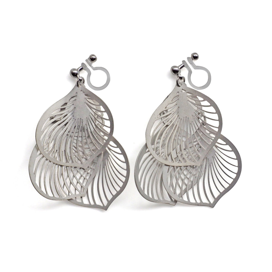 Dangle silver three leaf filigree invisible clip on earrings - miyabigracejewelry.com