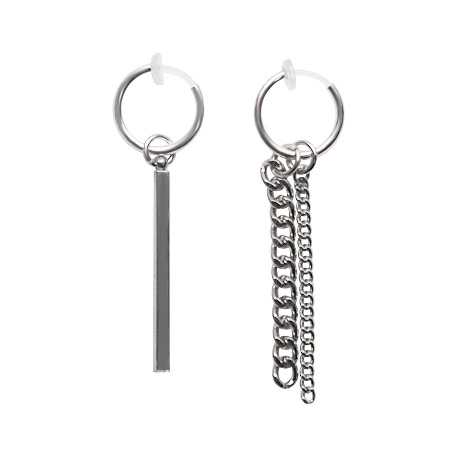 Silver Chain & Bar Invisible Clip On Hoop Earrings - Miyabi Grace