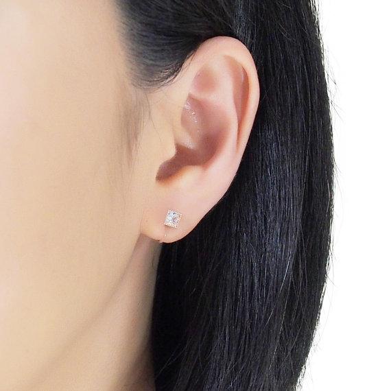 Square Cubic Zirconia Crystal Invisible Clip On Stud Earrings ( Silver tone ) - Miyabi Grace