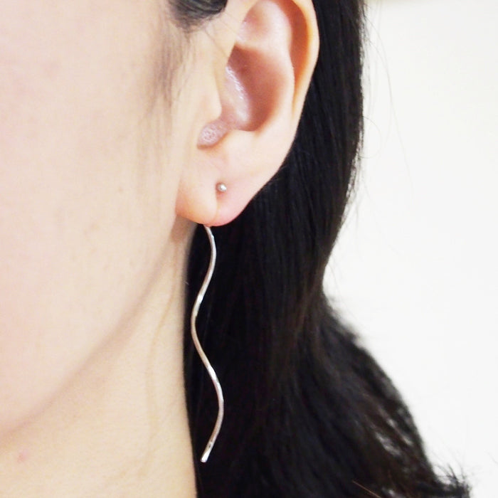 Comfortable pierced look two way dangle long silver waved curved bar threader invisible clip on earrings MiyabiGrace 夾耳環 ノンホールピアス 夾式耳環 3