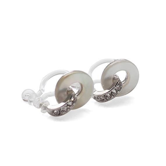 Mother Of Pearl Hoop Invisible Clip On Stud Earrings (Silver tone) - Miyabi Grace