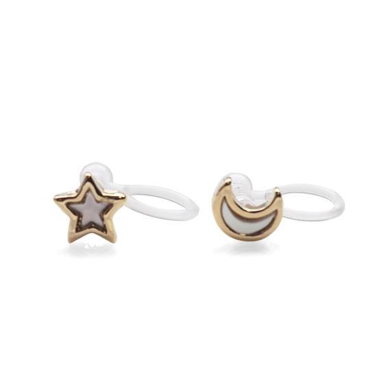 Mother Of Pearl Star and Moon Invisible Clip On Stud Earrings (Gold tone) - Miyabi Grace