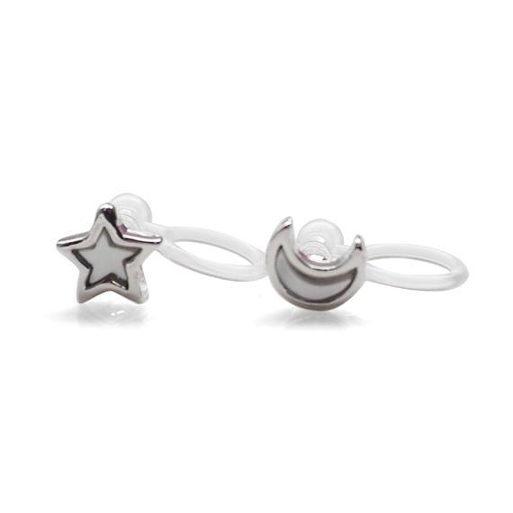 Mother Of Pearl Star and Moon Invisible Clip On Stud Earrings (Silver tone) - Miyabi Grace