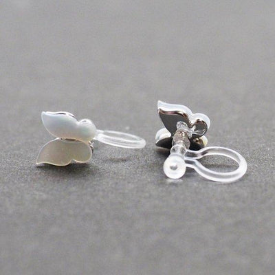 Mother Of Pearl Butterfly Invisible Clip On Stud Earrings (Silver tone) - Miyabi Grace