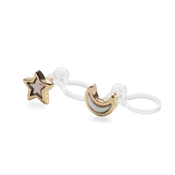 Mother Of Pearl Star and Moon Invisible Clip On Stud Earrings (Gold tone) - Miyabi Grace