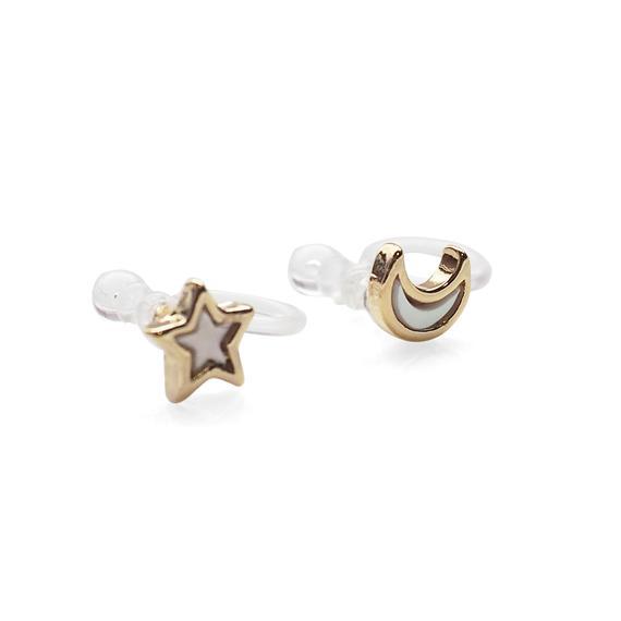Mother Of Pearl Star and Moon Invisible Clip On Stud Earrings (Gold tone) - Miyabi Grace