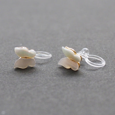 Mother Of Pearl Butterfly Invisible Clip On Stud Earrings (Gold tone) - Miyabi Grace