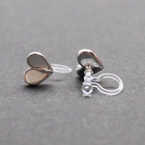 Mother Of Pearl Heart Invisible Clip On Stud Earrings (Silver tone) - Miyabi Grace