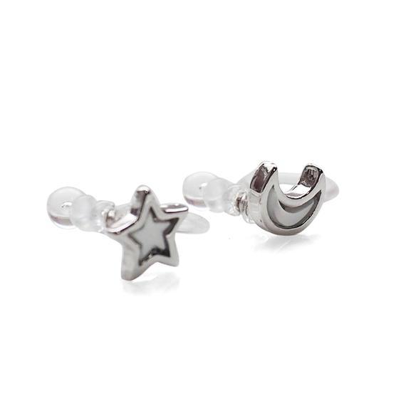 Mother Of Pearl Star and Moon Invisible Clip On Stud Earrings (Silver tone) - Miyabi Grace