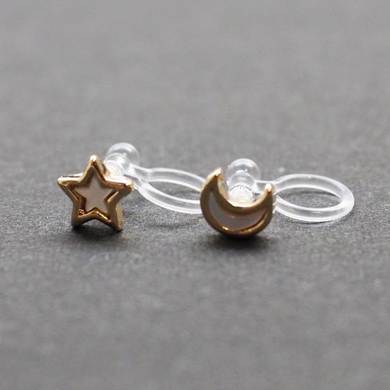 Mother Of Pearl Star and Moon Invisible Clip On Stud Earrings (Gold tone) - Miyabi Grace