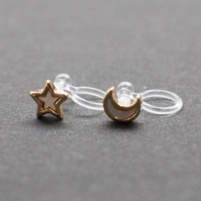Mother Of Pearl Star and Moon Invisible Clip On Stud Earrings (Gold tone) - Miyabi Grace
