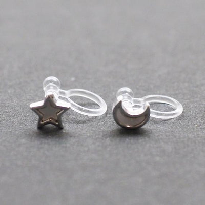 Mother Of Pearl Star and Moon Invisible Clip On Stud Earrings (Silver tone) - Miyabi Grace
