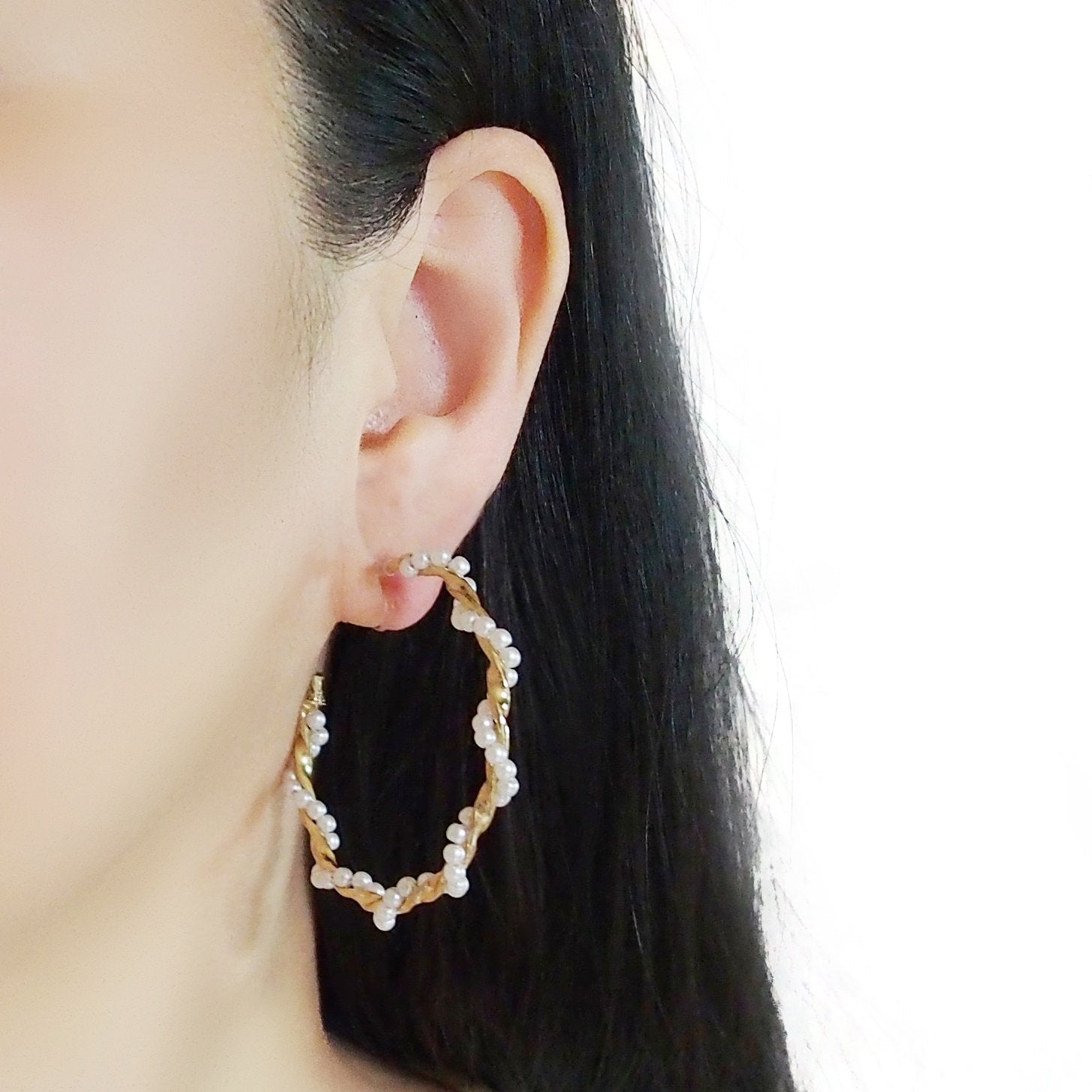 Large White Pearl Invisible Clip On Hoop Earrings