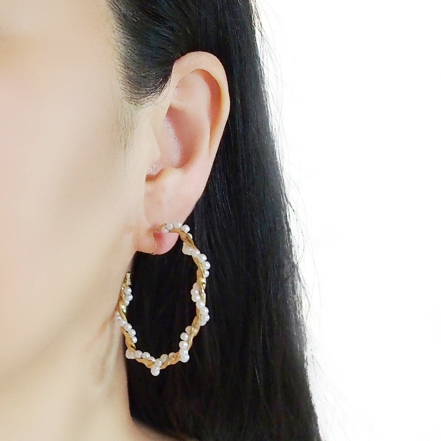 Large White Pearl Invisible Clip On Hoop Earrings