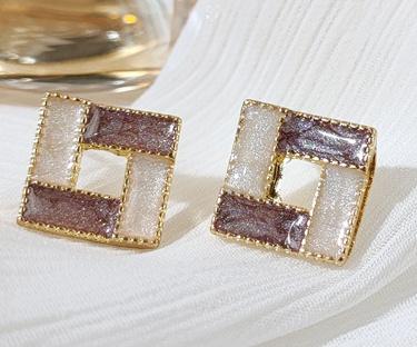 White Light Brown Crystal Mosaic Square Invisible Clip On Earrings