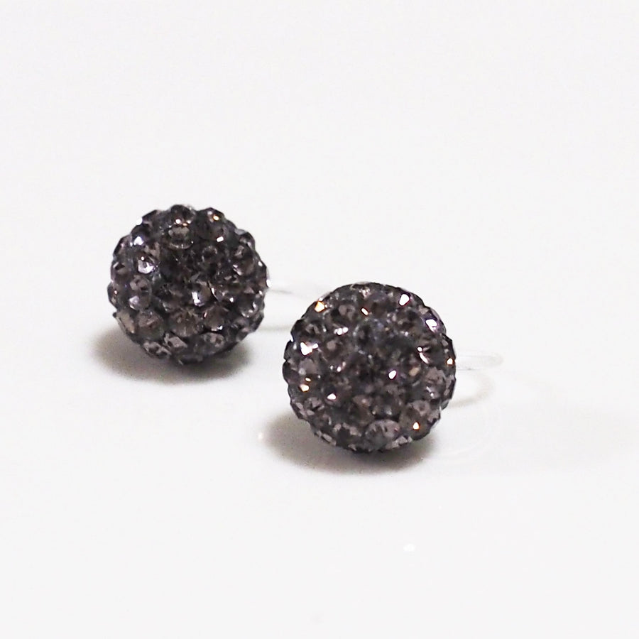 Black rhinestone pave ball invisible clip on earrings - miyabigracejewelry.com
