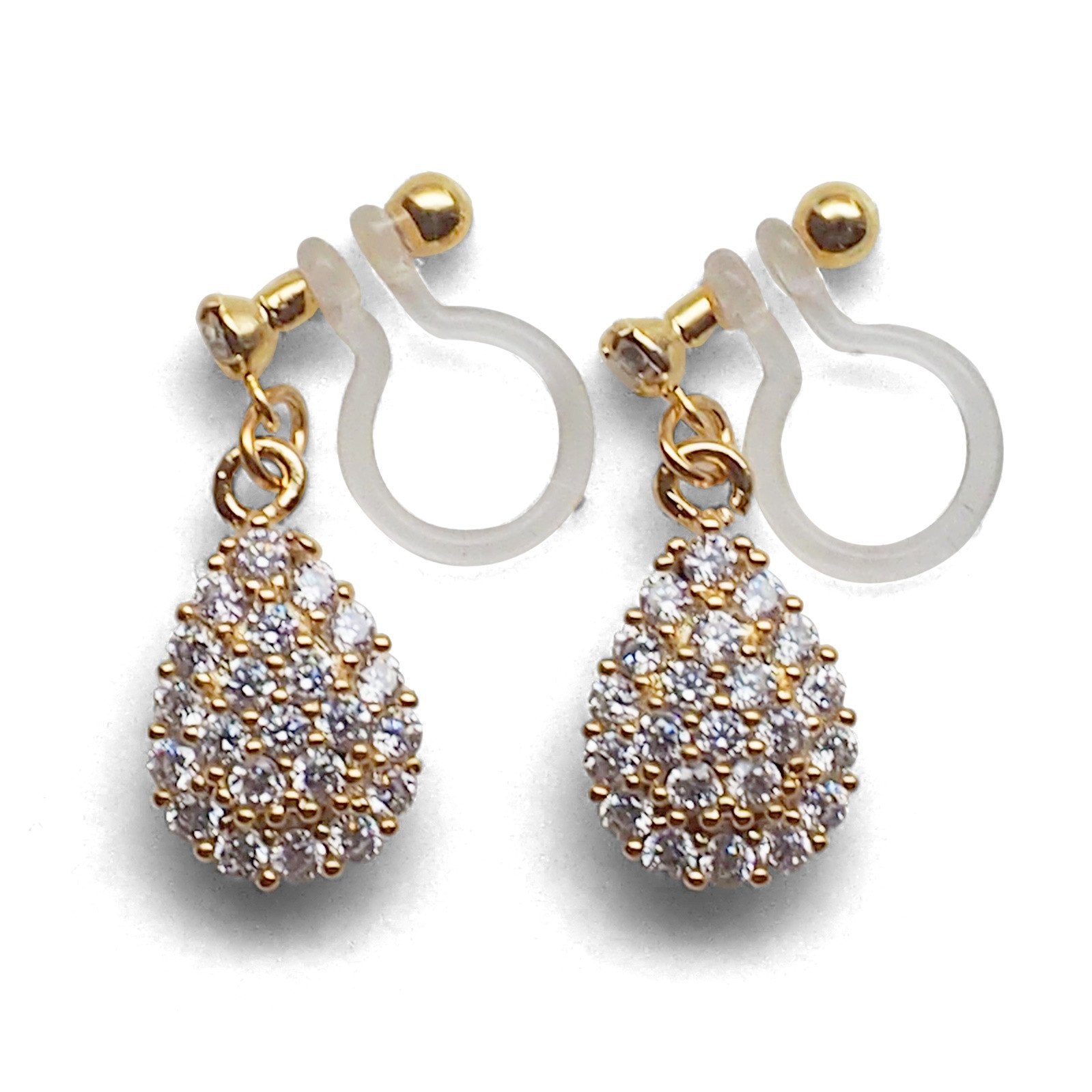 Bridal teardrop micro pave cubic zirconia invisible clip on earrings ( gold tone ) - miyabigracejewelry.com