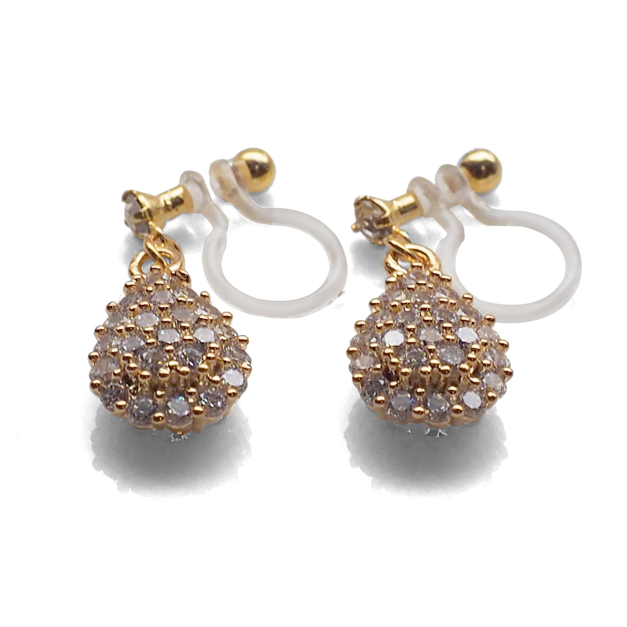 Bridal teardrop micro pave cubic zirconia invisible clip on earrings ( gold tone ) - miyabigracejewelry.com