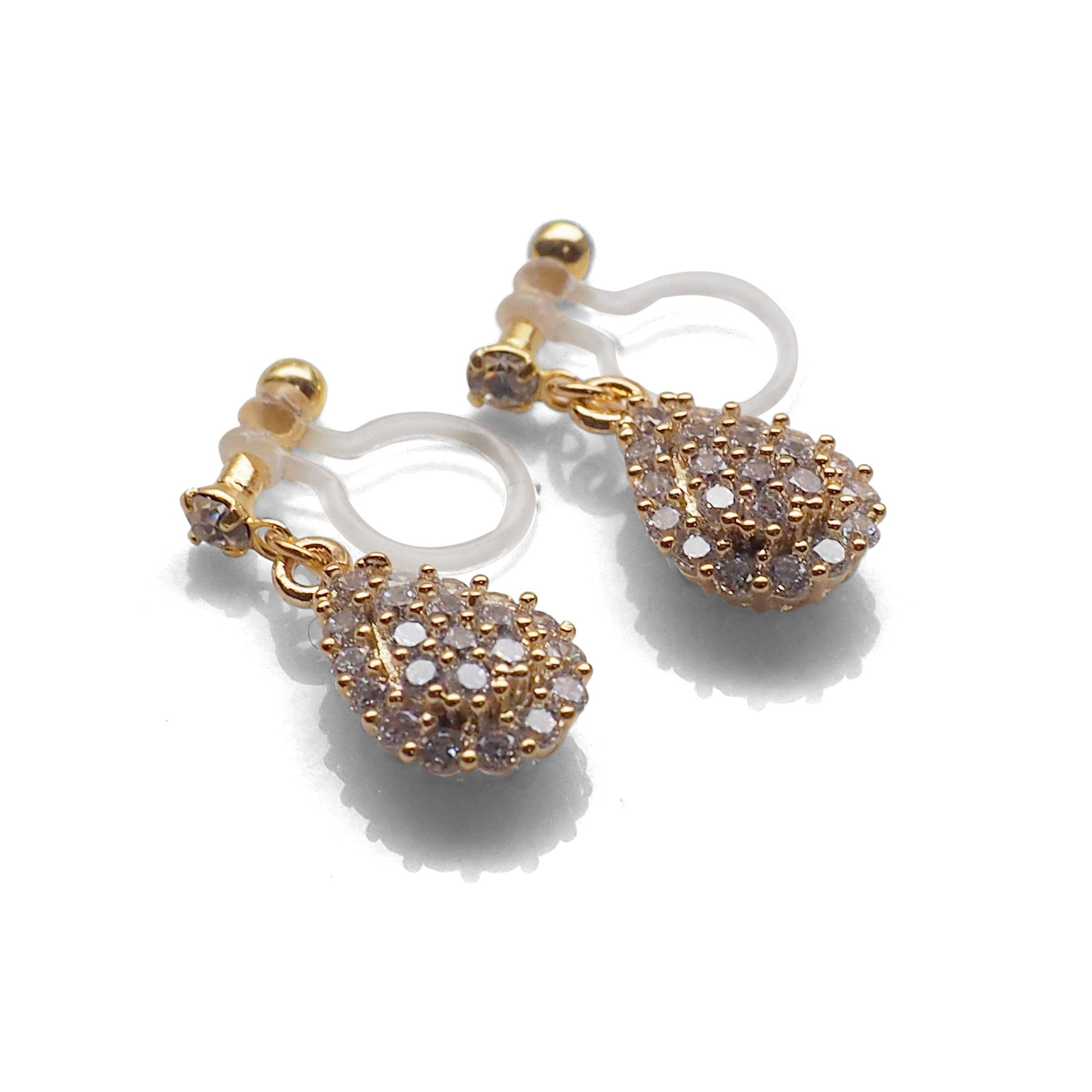 Bridal teardrop micro pave cubic zirconia invisible clip on earrings ( gold tone ) - miyabigracejewelry.com