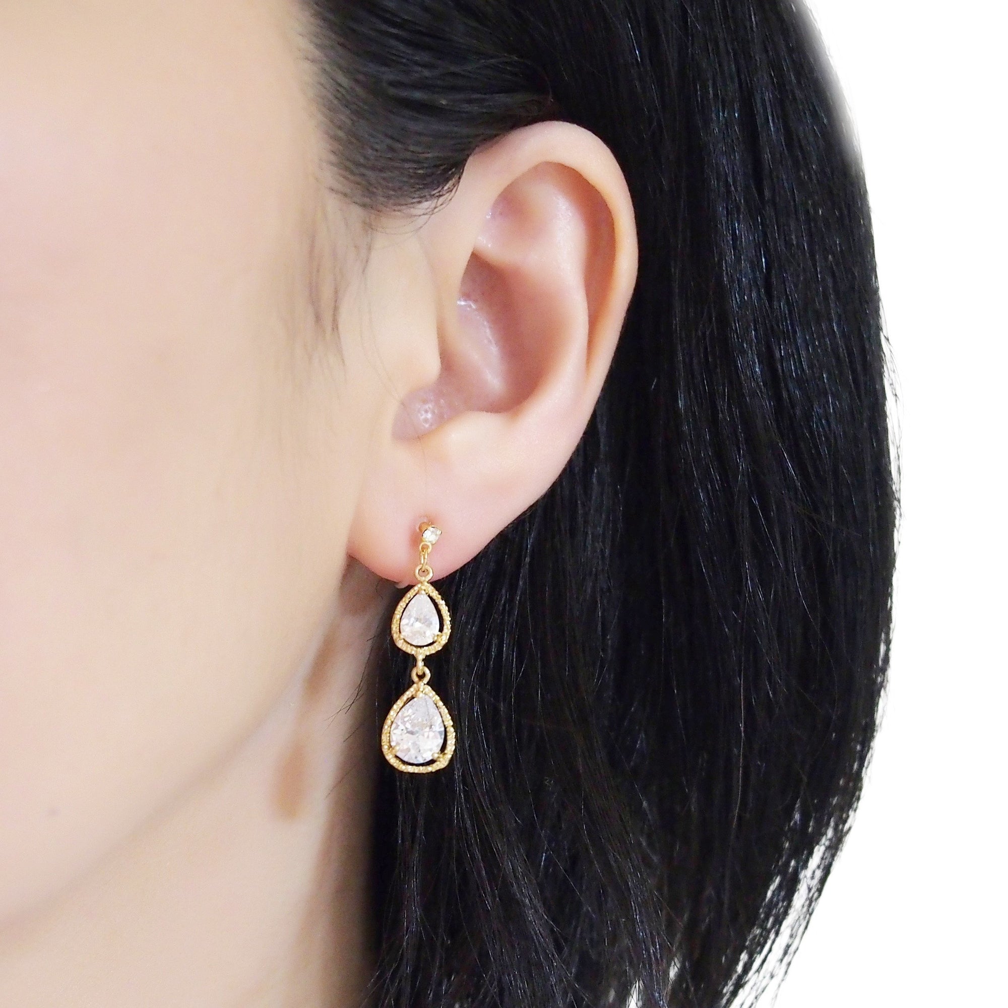 Bridal double teardrop cubic zirconia invisible clip on earrings ( gold tone ) - miyabigracejewelry.com